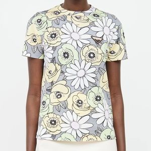 Prada - Grey Yellow & Green Floral Chest Logo T-Shirt